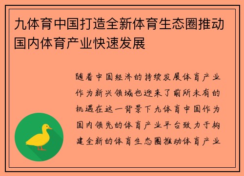 九体育中国打造全新体育生态圈推动国内体育产业快速发展